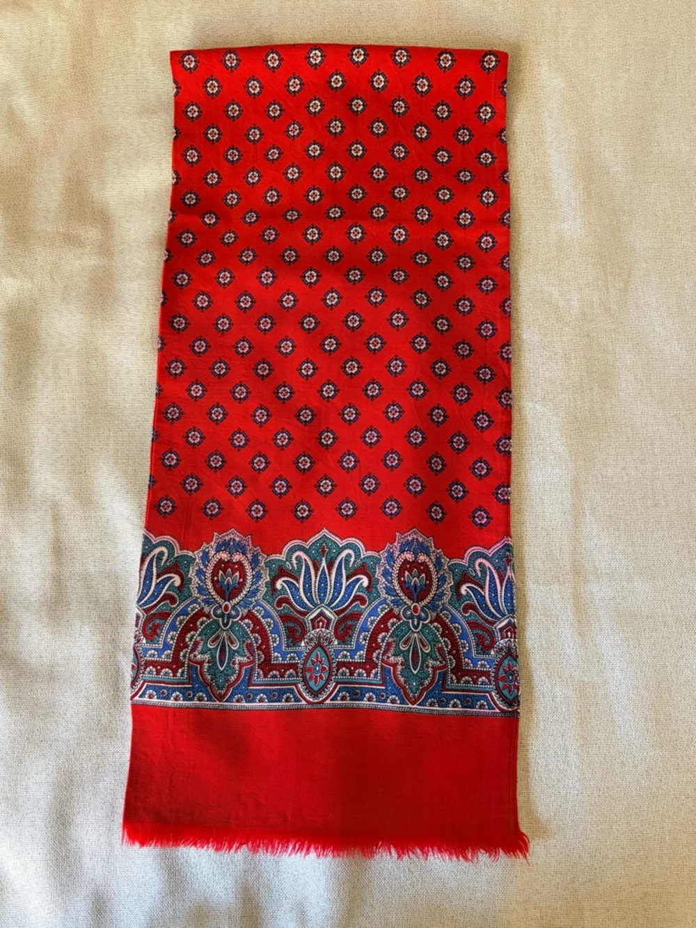 Vintage Men’s Swiss Wool Scarf Red Paisley Fringe